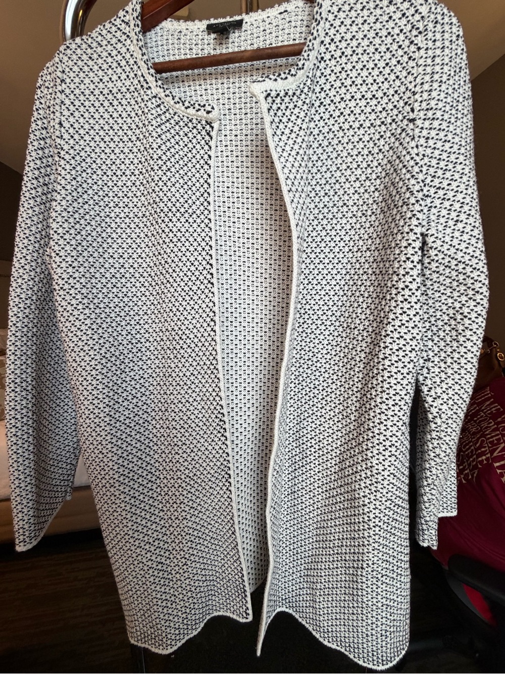 Ann Taylor Factory L Black White Textured Open Front Long Cardigan